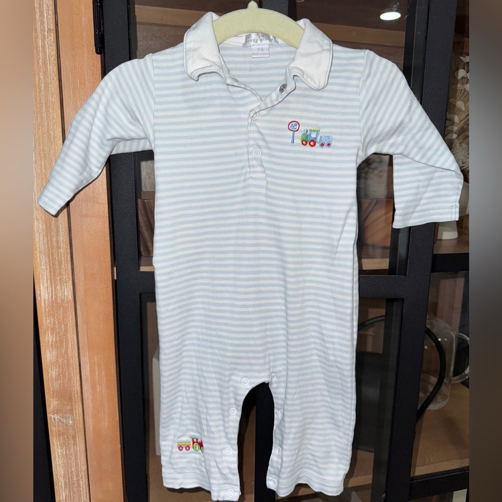 Kissy Kissy embroidered trains coverall henley pima striped collar polo pique